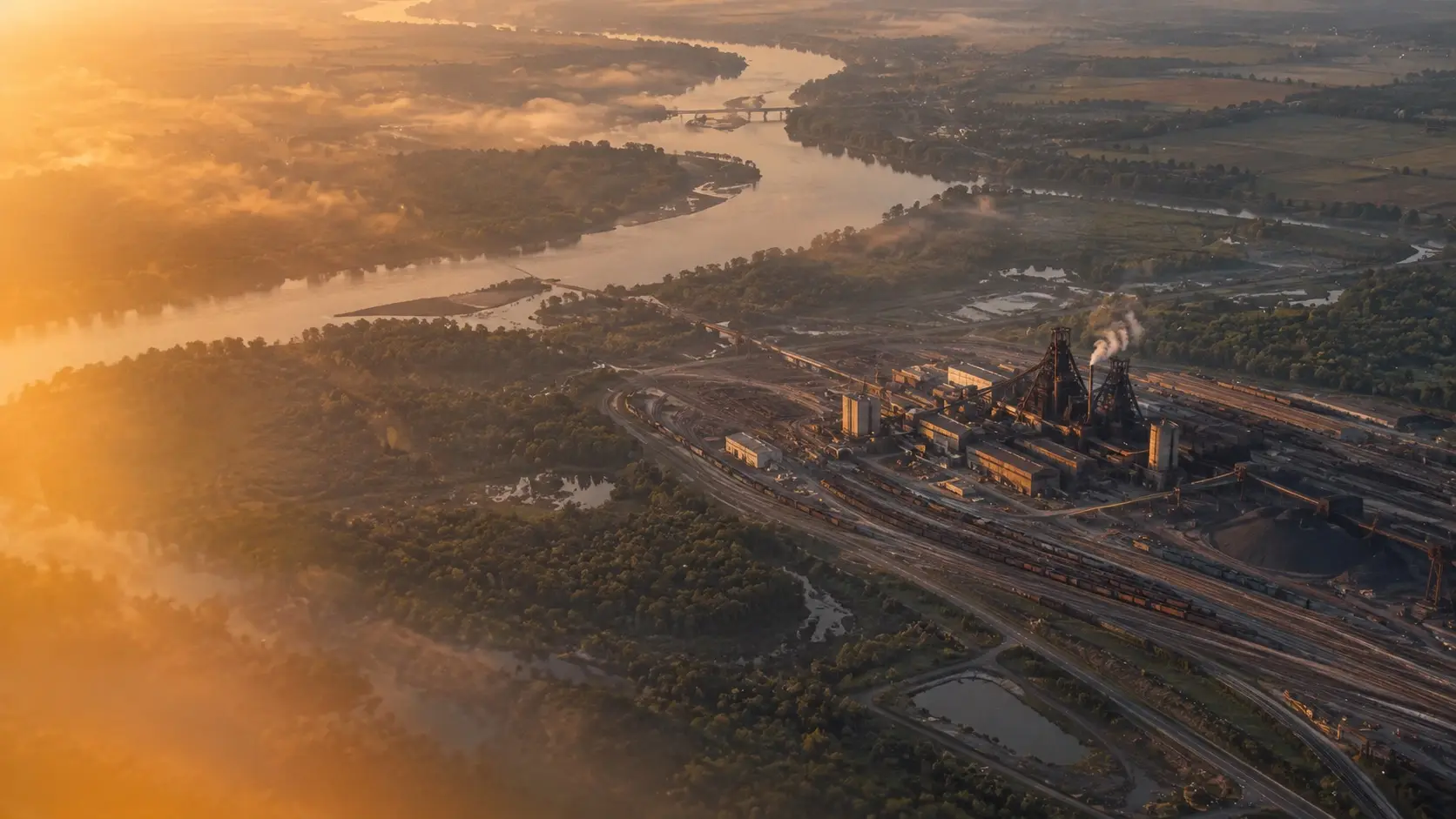 Aerial view of a steel mill at dawn