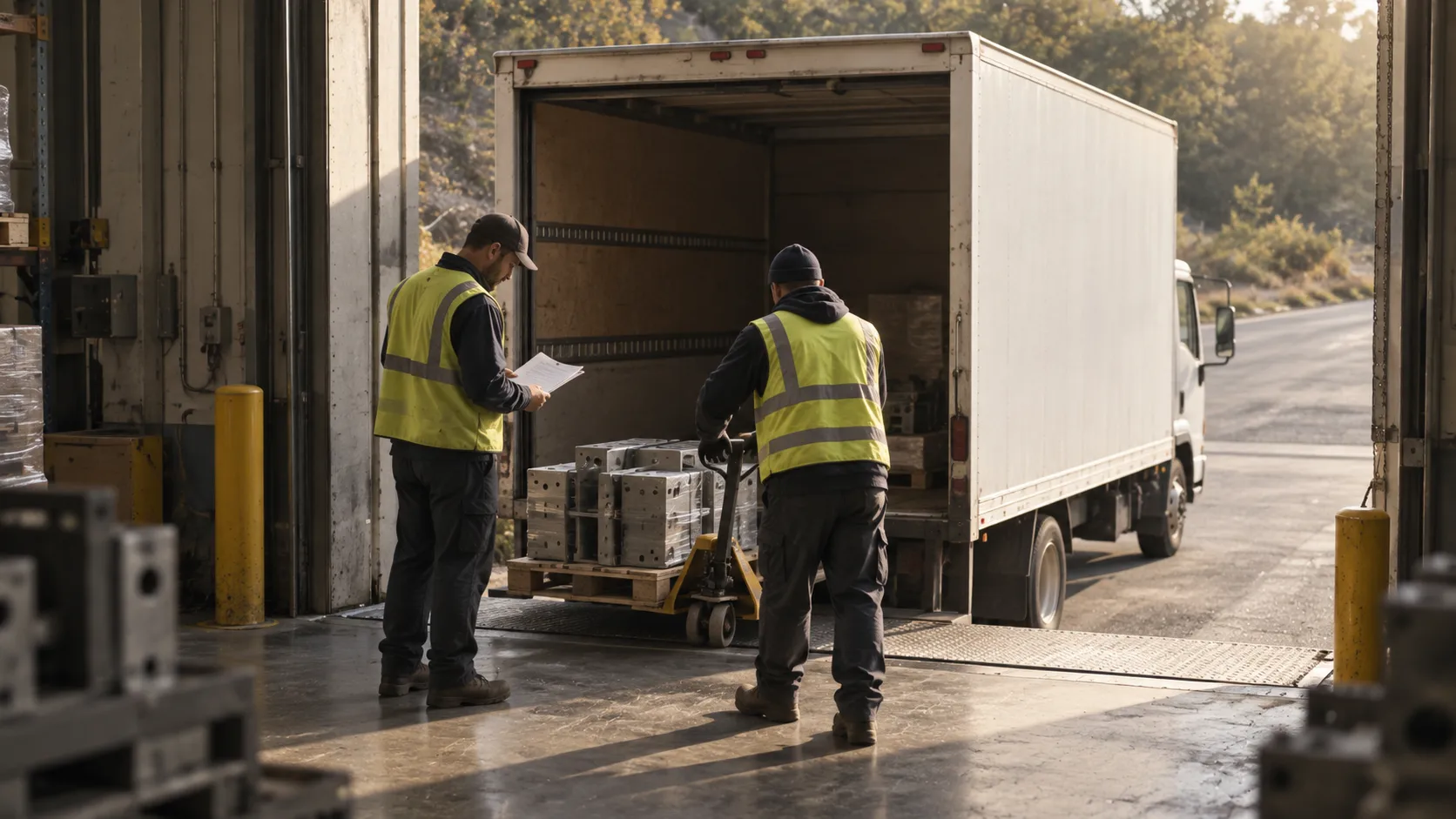 Two workers load a pallet into a truck