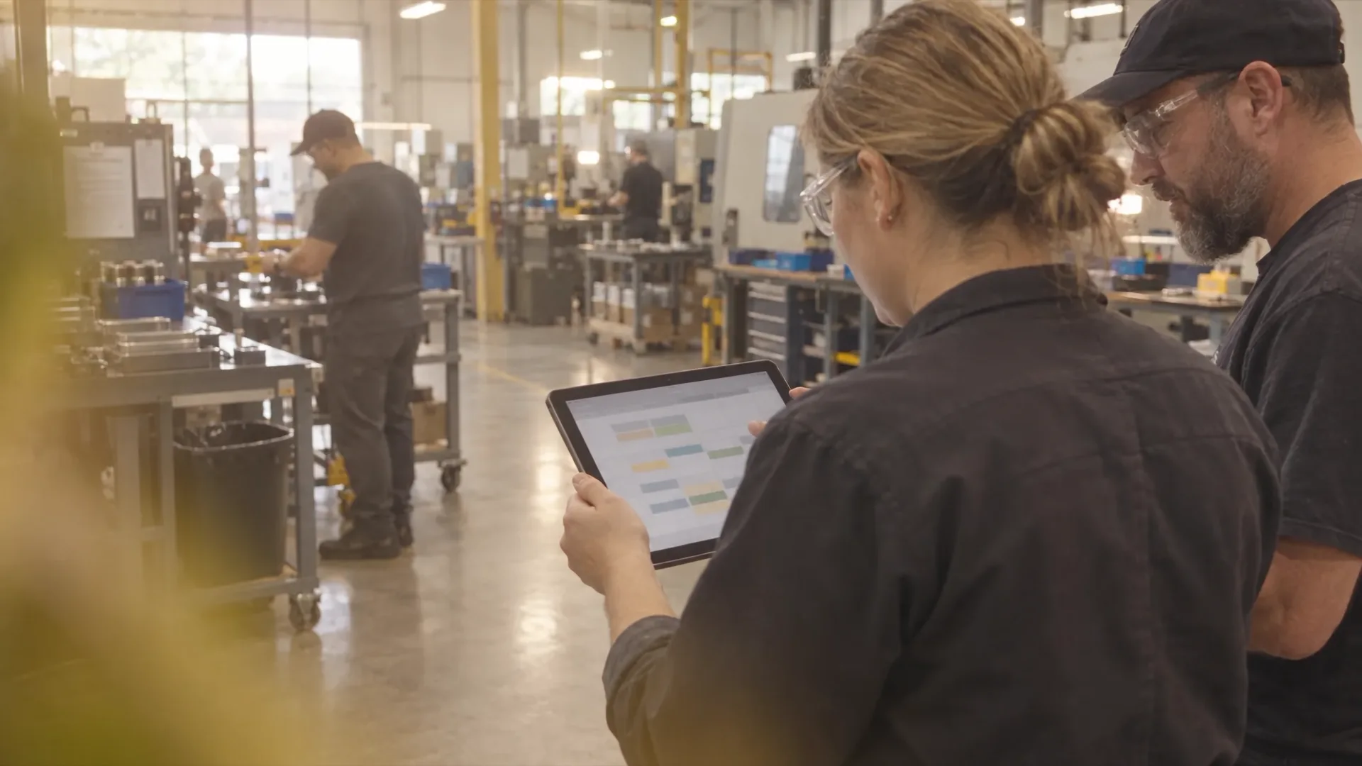 Two colleagues review the job on a tablet on the shop floor